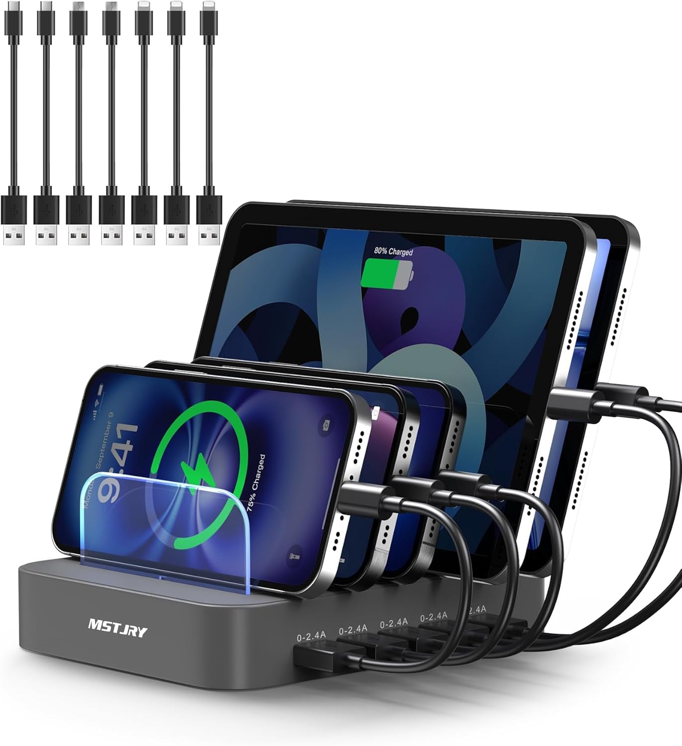 Charging Station for Multiple Devices, 5 Port Multi USB Charger Station with Power Switch Designed for Iphone Ipad Cell Phone Tablets (Gray, 7 Mixed Short Cables Included)