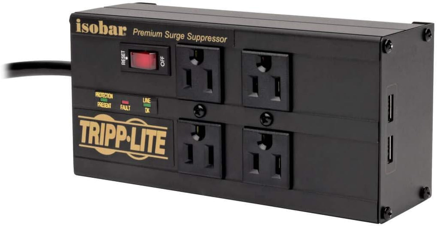 Isobar 4 Outlet Surge Protector Power Strip with 2 USB Charging Ports, 8Ft Long Cord, Right-Angle Plug, Metal, 3330 Joules, Lifetime Limited Warranty & $50K Insurance (Ibar4Ultrausbb),Black